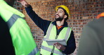 Building, meeting and tablet with people on worksite for planning, strategy or update. App, construction and project management with supervisor speaking to architect team for property development
