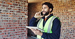 Feedback, tablet or man on construction site with phone call, task brief or inspection update in chat. Digital, space or engineer with tech, progress report or project coordination in communication.