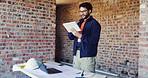 Tablet, reading or man with laptop at construction site, maintenance planning or property upgrade. Field report, review or architect with tech for building evaluation, smile or project management