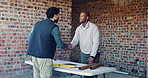 Handshake, team and architect with blueprint for construction, planning or idea for site integration. Shaking hands, property development or men with document for infrastructure, talk or engineering