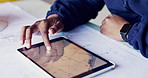 Architect, hands and blueprint on tablet screen for planning, design update or review for property development. Man, tech or engineer with floorplan for compliance regulations with project assessment