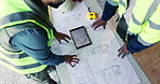 Architect, hands and team at tablet screen with blueprint, design update or app for property development. Above, people and tech with floor plan for engineering, project discussion and collaboration