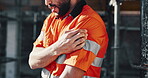 Construction, arm pain or hands on site with massage, joint issue or labor injury in building project. Hurt, man or engineer with accident, muscle strain or arthritis in infrastructure development.