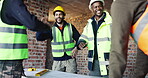 Building, high five and meeting with people on construction site for planning, success or update. Celebration, goals and project management with engineering team together for property development