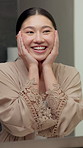 Skincare, happy and Asian woman in mirror with results for wellness, healthy skin and natural glow. Reflection, home and person with face inspection for beauty, dermatology and cosmetics in bathroom