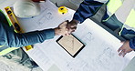 Architect, shaking hands and team at tablet with blueprint, contract agreement or app for development deal. Above, men or handshake at tech screen for engineering collaboration and project compliance