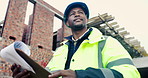 Clipboard, thinking and black man on construction site for planning, infrastructure or property inspection. Architecture, civil engineering and worker with paperwork, renovation or remodeling project
