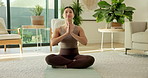 Smile, meditation and Asian woman in home for yoga, mindfulness and zen for spiritual healing. Happy, female person and yogi at house with namaste pose, inner peace and holistic balance for self care