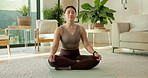 Fitness, meditation and Asian woman in home for yoga, mindfulness and zen for spiritual healing. Person, eyes closed and yogi at house with lotus pose, inner peace and holistic balance for self care