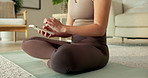 Hands, phone and texting with fitness on floor in home with contact, scroll or rest for wellness. Woman, typing and check notification with mobile app, web or chat with break on exercise mat at house