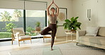 Fitness, meditation and Asian woman at house for yoga, mindfulness and zen for spiritual healing. Female person, balance and yogi in living room with namaste pose, inner peace and holistic for health