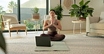 Woman, namaste and laptop with yoga in home for wellness, online course and breathing in lounge. Asian person, prayer hands and meditation with computer, virtual class and holistic fitness in house