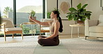 Woman, selfie and happy on yoga mat in home on floor with memory, post and profile picture for wellness. Asian person, influencer and photography with exercise, smile and social media at apartment