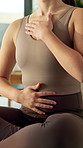 Woman, hands and meditation with breathing exercise for spiritual wellness or mindfulness in home. Calm, female person or relax with nervous system for emotional balance, zen or grounding in house