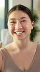 Face, smile and Asian woman in lounge, yoga and healthy routine for holistic healing. Home, yogi and Japanese person with happiness, chakra and morning with wellness, mindfulness and laughing