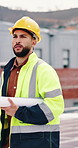 Man, engineer and thinking in city with blueprint, inspection and quality control for construction. Male person, walk and rooftop for architecture, urban evaluation and reflection for infrastructure
