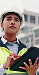 Construction, tablet and woman on rooftop for building inspection, safety compliance and report. City, thinking and person on digital tech with checklist for engineering, maintenance and development