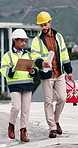 Construction, rooftop and people with clipboard, toolbox and blueprint for building inspection. Team, contractor and man with woman with equipment for service, maintenance and checklist for repair