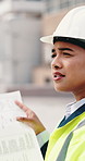 Woman, talk and architect with team for blueprint on rooftop, planning or building project in city. People, engineer and review for sketch, solution or inspection with notes for property development
