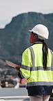 Woman, engineer and walk in city with clipboard, inspection and quality control for construction. Thinking, person and checklist outdoor for architecture, urban evaluation and information on project