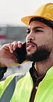 Man, phone call and engineer with stress at construction site with contact for material supplier in city. People, technician and review with feedback, inspection and talk for property development