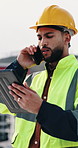 Man, phone call and engineer with tablet at construction site on rooftop, planning or feedback in city. Person, technician and review on app, solution or inspection with talk for property development