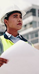 Woman, engineer and thinking in city with document, inspection and quality control for construction. Vision, person and blueprint outdoor for architecture, urban evaluation and information on project