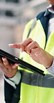 Construction, tablet and hands of woman in city for building inspection, safety compliance and report. Outdoor, contractor and person on tech with checklist for engineering, maintenance and planning