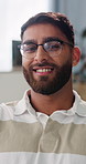 Wellness, face and happy man in house with day off, positive attitude or optimism on weekend break. Wellbeing, glasses or male person with good mood, confidence and satisfaction in Los Angeles.