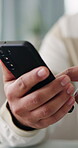 Hands, phone and research with man in home office for communication, feedback or remote work. App, review and scrolling with freelance employee in apartment for agenda, digital calendar or schedule