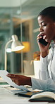 Computer, documents and phone call with business black woman in office for update at night. Conversation, paperwork and pc with employee at desk in workplace for communication, feedback or review