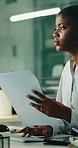 Business, paper or black woman in office with tech, client report or budget review for funding pitch. Audit, document or finance advisor with computer, portfolio check or proposal plan for investment