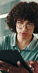 Meeting, tablet and talking with business man in office for collaboration, planning or strategy. App, conversation and discussion with employee team in creative workplace for feedback or update