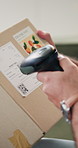 Box, hands and barcode scanner for home business logistics, delivery or label information for package. Parcel, man and distribution for courier service, remove work and shipping inventory from house