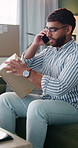 Man, phone call and update in home with package for ecommerce, communication and small business. Entrepreneur, talking and side hustle in house with tech for contact, online shop and stock delivery