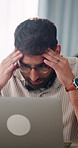 Remote work, man and stress at laptop in home for ticket backlog, site glitch or pressure. Tech, freelance virtual assistant and overwhelmed by customer service queue, system crash and workload worry