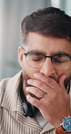 Remote work, man or tired with yawn in home for helpdesk overload, high call volume or burnout. Headset, freelance virtual assistant or sleepy in house for shift fatigue, ticket backlog or low energy