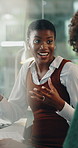 Explain, meeting and smile with business woman in office for conversation, feedback or update. Collaboration, review and talking with happy employee team at work for discussion or project management