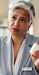 Doctor, pills and woman talking for medical help, alzheimers  prescription and dose in clinic. Medicine bottle, mature worker and healthcare info, neurology drugs or explain treatment for dementia
