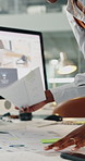 Woman, review and data analysis in office with documents, marketing performance and project insights. Black person, reading and paperwork in business with stats, graphs and advertising campaign KPI.
