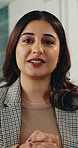 Face, business and woman in office for video call, discussion and online meeting for accounting. Pov, portrait and person in workplace with webinar, virtual conference and conversation for investment