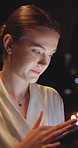 Night, businesswoman and scroll in office with tablet, research and deadline for financial investment. Bokeh, female person and reading in firm with tech, planning and work late for funding proposal.