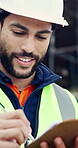 Man, writing or clipboard on construction site for review, progress report or smile for survey. Engineer, thinking or happy at worksite for inspection protocol, project management or safety checklist