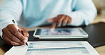 Man, hands and tablet in office with checklist, payroll data analysis or confirmation of employee hours. Person, writing and scroll in business with tech, timesheet stats or graphs for salary payment