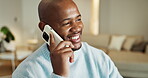 Contact, smile or black man with phone call for remote work, financial efficiency advice or networking. Home, freelancer or tax consultant with mobile for filing inquiry, compliance planning or talk