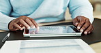 Man, hands and scroll in office with tablet, payroll data analysis or review report of employee hours. Analyst, person and research in business with tech, timesheet stats or graphs for salary payment