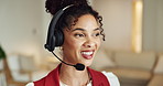 Headset, happy and businesswoman in office with virtual assistant, crm or help desk for consultation. Mic, contact us and female technical support agent with customer care, advisory or service.