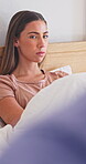 Ignore, sad woman and marriage conflict on bed with emotional distance, infidelity and betrayal. Couple, fight and disappointed wife in home for cheating confession, contemplating divorce and regret