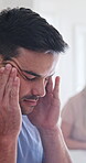 Couple, conflict and man with headache on bed for infidelity, confrontation and gaslighting. Annoyed, upset partner and disagreement in home for cheating betrayal, relationship drama and deny affair