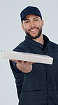 Food delivery, face or man in studio with box, pride or ambition in takeaway services. Happy, portrait or meal courier on white background with package, confidence or about us in catering logistics.